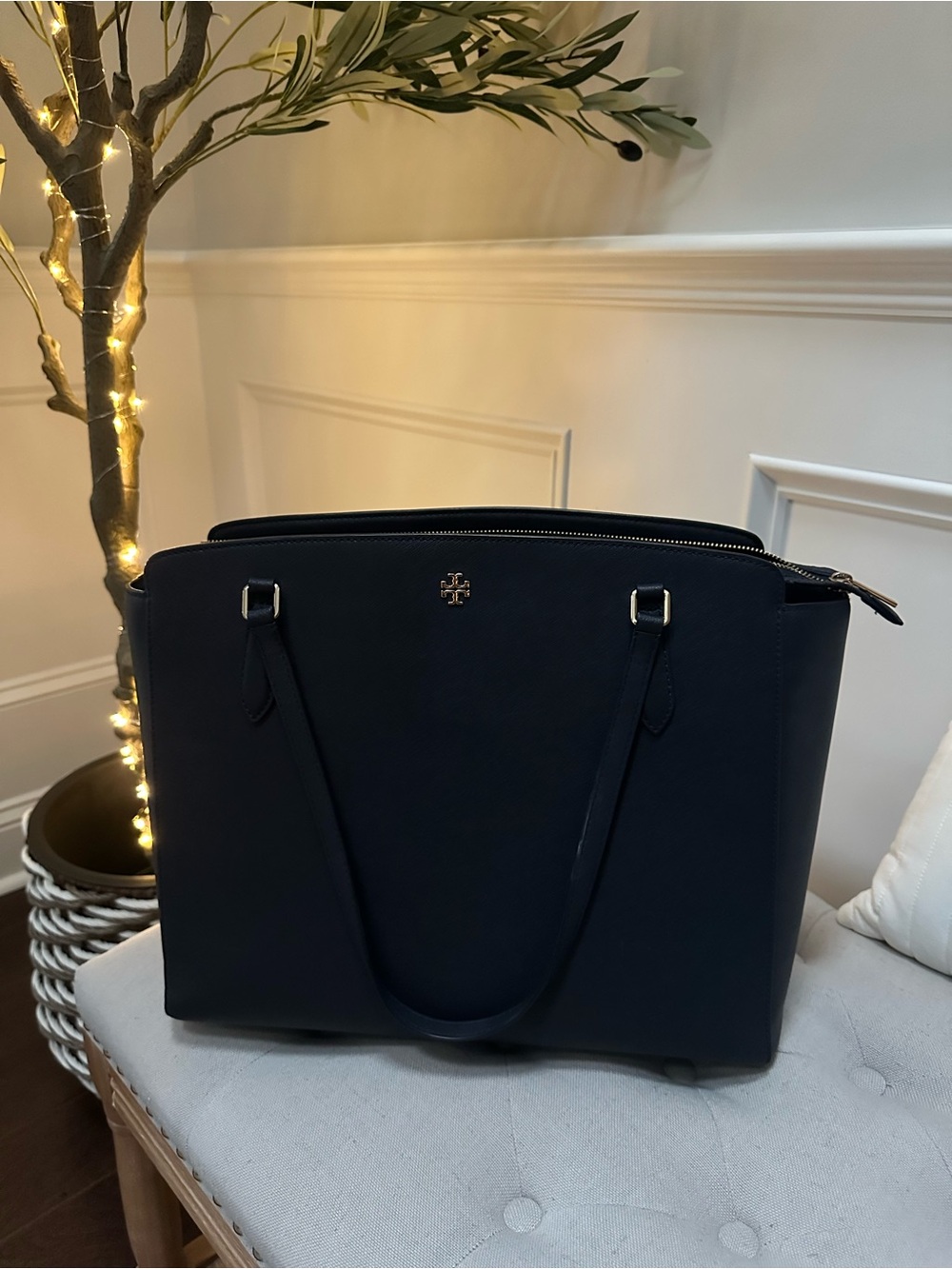 Tory Burch Navy Saffiano Leather Tote with Gold Logo